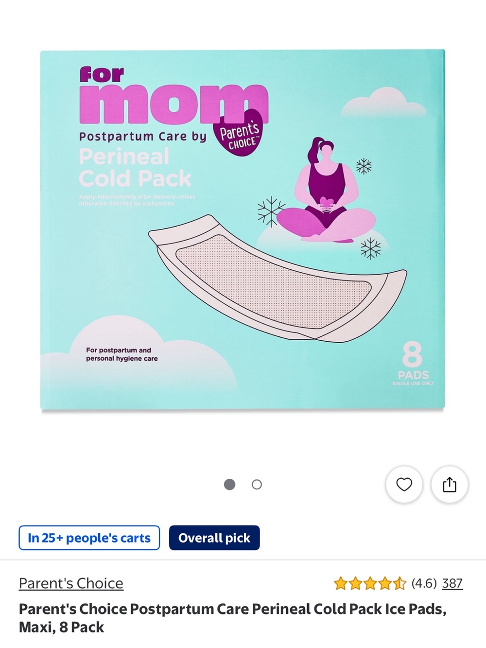 Parent's Choice For Mom Postpartum Perineal Cold Pack Pads - Aqua, 8 Pack